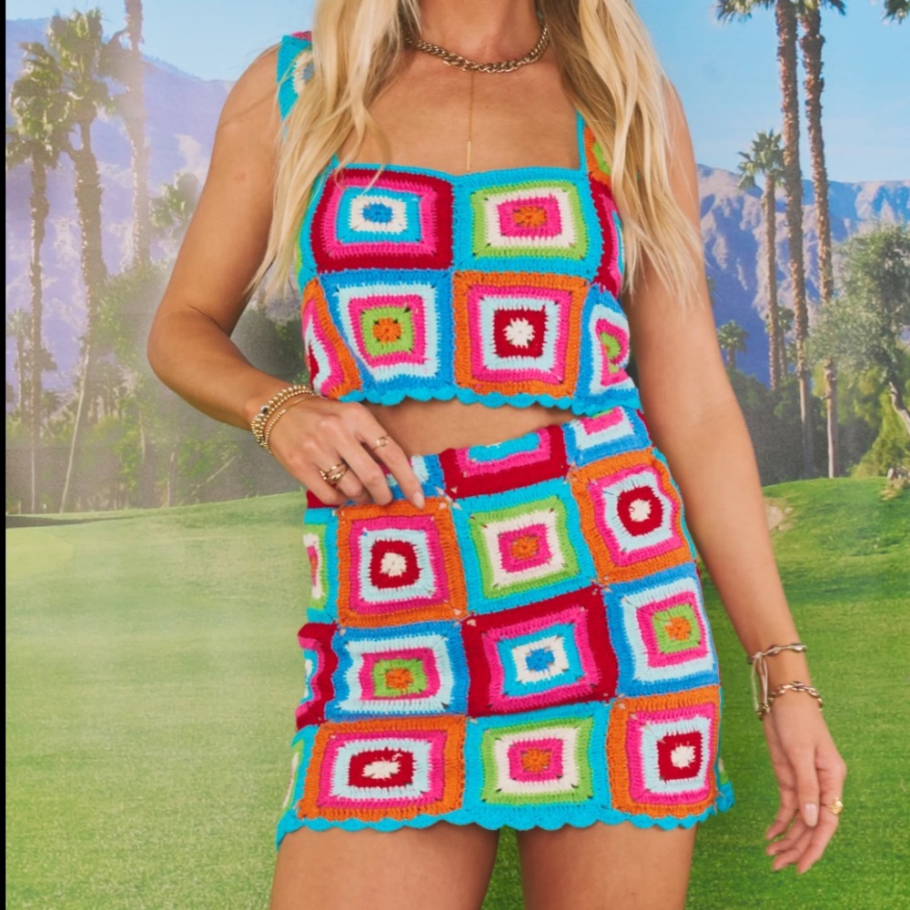 Show Me Your MuMu Crochet Square Mini Dress in Turquoise, Pink, Red, Green
